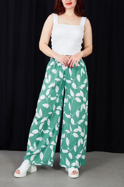 zenne Yaprak Patterned Comfortable Fit Elastic Waist Wide-Leg Pants Water Green