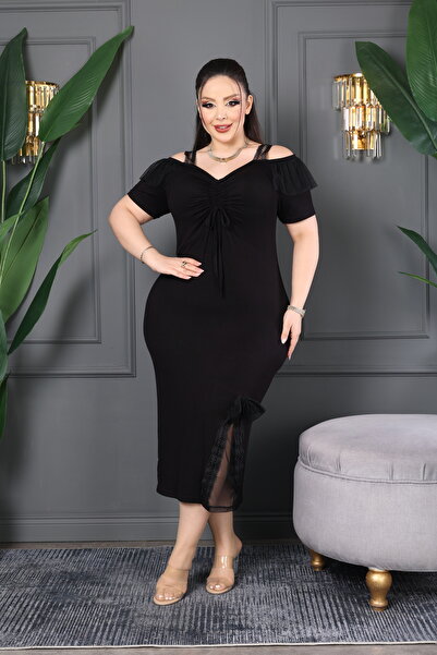 BONİTA FASHİON Off-The-Shoulder Tulle Detail Plus Size Stretchy Fabric Bust R...