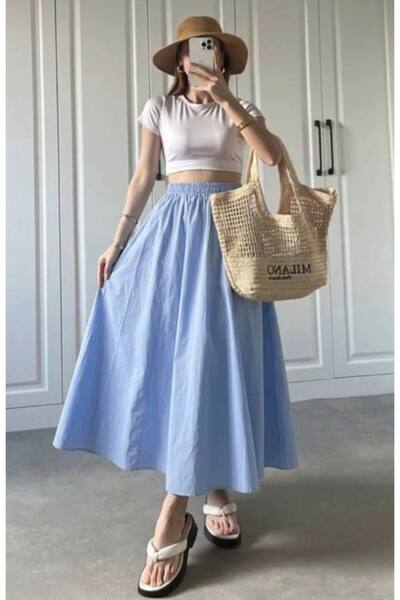 Gülmude Uzun Beli Lastikli Etek Fleto Cepli İç Göstermez Poplin Kumaş Mevsiml...