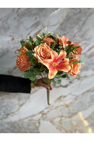 çiçek rengi dekor باقة زهور صناعية برتقالية فاخرة - تشكيلة من الزنبق والورد و...