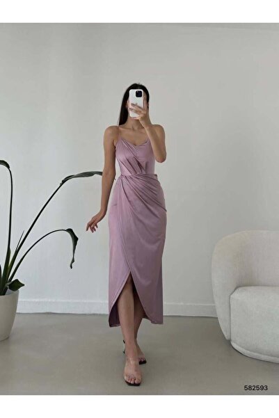 Modafeminen Rose Dry Satin Strap Double-Breasted Dress 582593