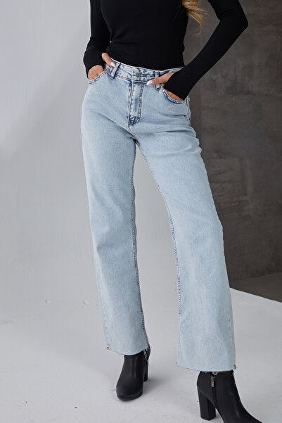 zenne High Waist Raw Hem Jeans Light Blue