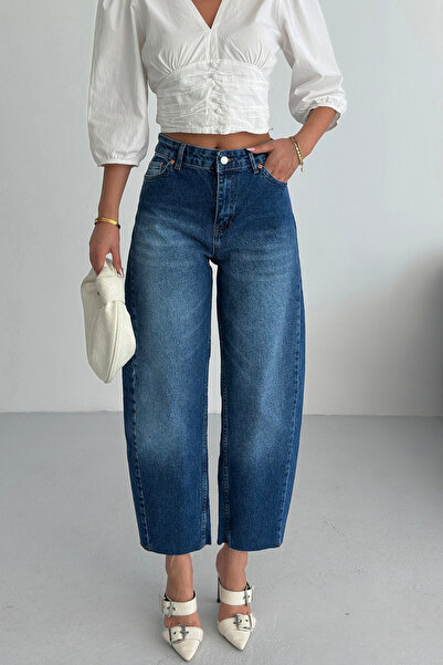 zenne High Waist Raw Hem Baggy Jeans Blue