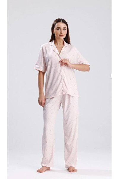 Espuar Set pijamale pentru femei Buttoned guler de cămașă Hearts cu model