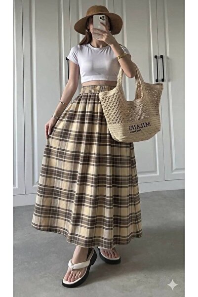 Gülmude Long Elastic Daily Skirt Plaid Patterned Fabric Pack of Cotton