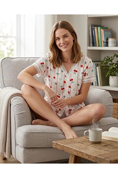 NOCHES PYJAMAS Women's Cherry Patterned Buttoned Short Sleeve Shorts Pajama Set