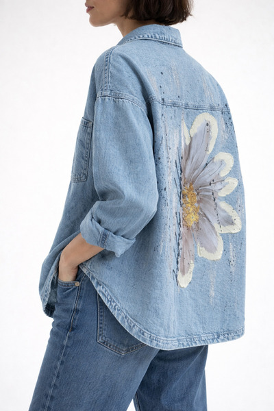 Butik Şans Women's Oversized Back Floral Print Denim Jacket