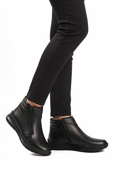 Aspor Black Genuine Leather Zippered Women's Flat Boots