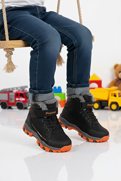 Aspor Black Orange Fur-Trimmed Velcro Boys' Flat Boots