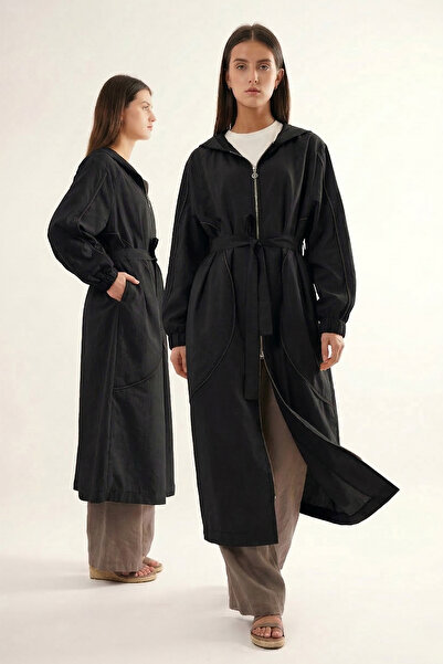 Ceremony Sleeves and Front Zip Detail Hooded Safari Cap Jacket 816 Black