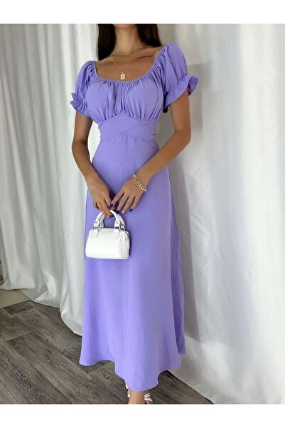 Modafeminen Rochie lila cu mâneci elastice și decolteu tip Madonna, curea pie...