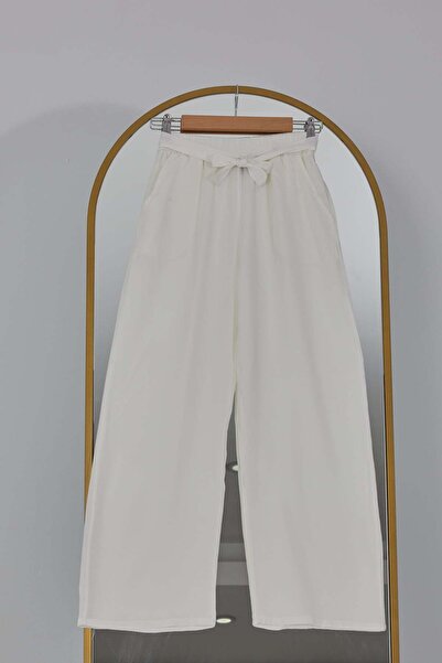 zenne Elastic Waist Comfortable Cut Wide-Leg Casual Trousers Ecru