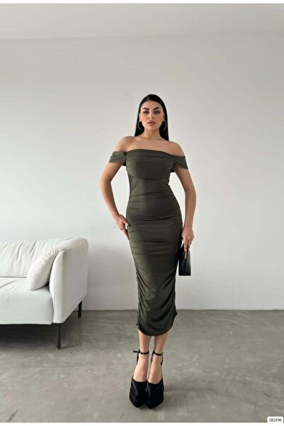 Modafeminen Khaki Drop-Shoulder Ruched Midi Length Dress 582896