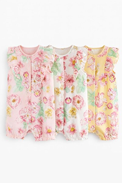 Next Baby Cotton Piece Pink Floral Print 3-Piece Romper Set