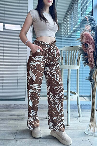 zenne Patterned Elastic Waist Comfortable Fit Wide-Leg Pants Brown