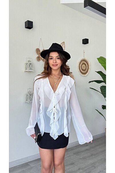 modadagiyim Women's Shirred and Sleeve Detailed Ruffled Tie-Up Chiffon Shirt ...