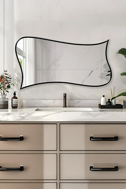 Fawdecor Premium Şık Ahşap Çerçeveli Asimetrik Ayna-Modern Kavisli Form Banyo...