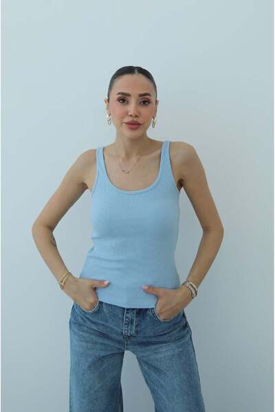 Havoş Baby Blue Scoop Neck Corded Fabric Undershirt
