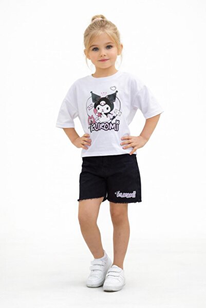 Bambam Girl's Kuromi Printed T-Shirt and Black Shorts Set 26011