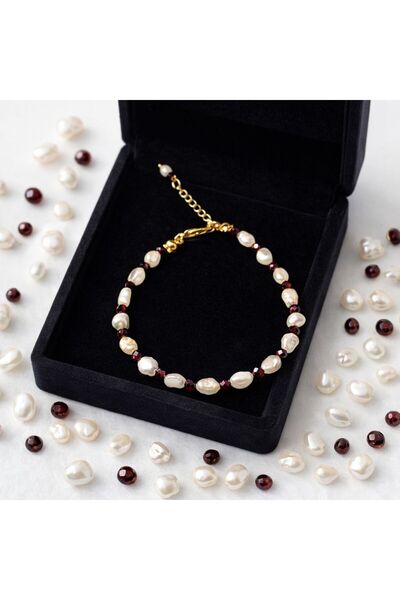 Agatella Tasarım Natural Garnet Stone & Pearl Bracelet – Elegant Women's Brac...