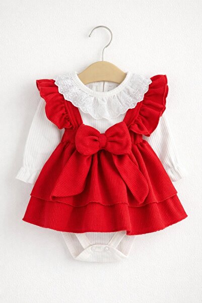 dinamik çocuk Kız Bebek Waffle Kumaş Fiyonklu Elbise & Dantelli Badi 2'li Tak...