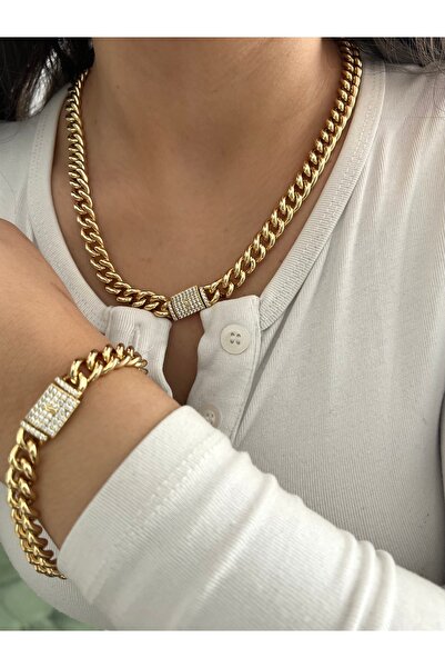 Trinidad 14K Altın Kaplama Xuping Gurmet Zincir Kolye Bileklik Set - Taşlı Ki...