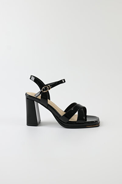 KRISTE BELL Vegan Leather Black Patent Leather Heels for Women Sandals - Kb3012
