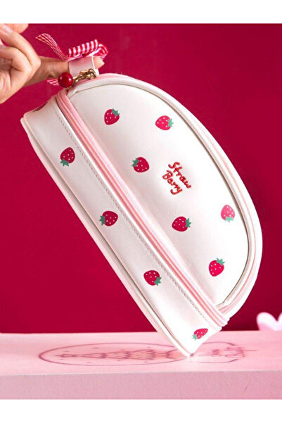 ÖZ OFİS Kawaii Strawberry Suni Deri Kalem Kutusu - Çok Fonksiyonlu - Çift Kat...