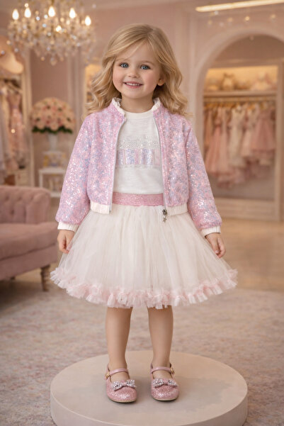 Alvadonna SET 3 PIESE: JACHETĂ BOMPER CU PALEȚI DE PALEȚI, FUSTĂ TUTU ȘI TRICOU