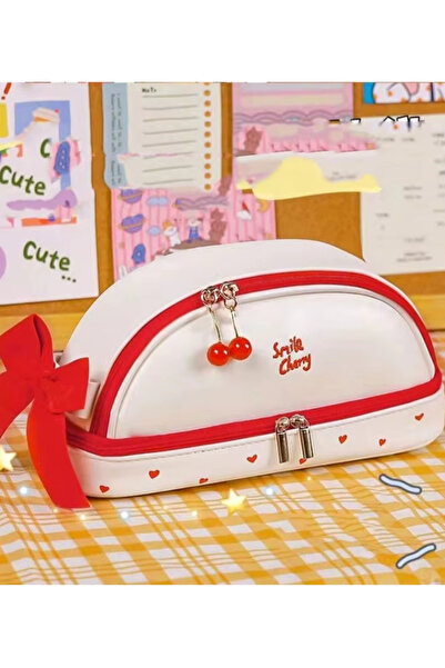 ÖZ OFİS Kawaii Smile Cherry Suni Deri Kalem Kutusu - Çok Fonksiyonlu - Çift K...