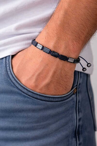 MODA MANANI Geometrik Dikdörtgen Kesim Hematit Görünümlü Erkek İp Bileklik