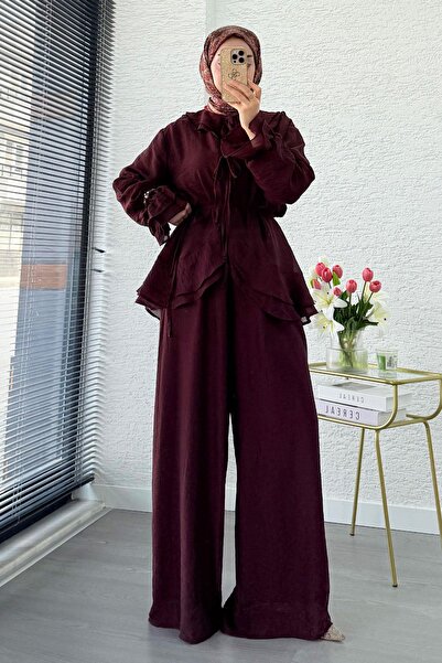 MELEK ARAZ Premium Organza Trouser Suit with Front Tie Detail - Burgundy