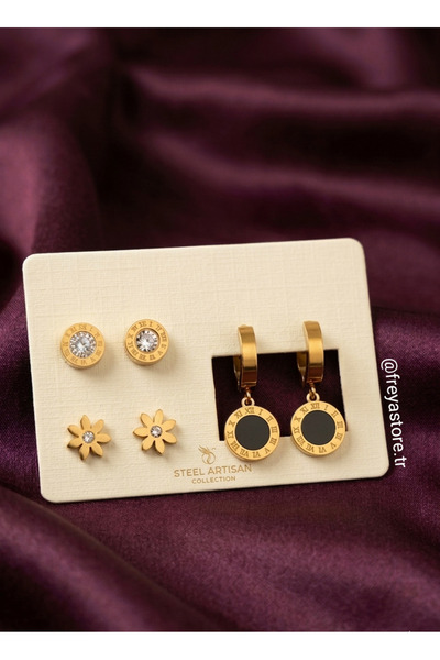 Freya 316L Paslanmaz Çelik Taşlı Roma Rakamlı 6'lı Küpe Seti