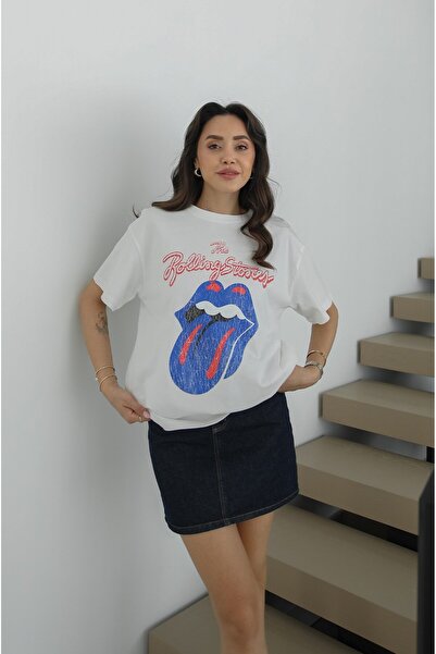 Havoş White the Rolling Stones Printed T-Shirt