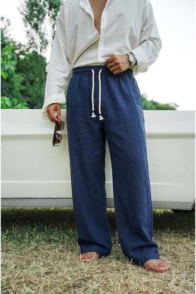 OUTFİT MAN Λινό φαρδύ παντελόνι με κορδόνια σε μπλε ναυτικό χρώμα