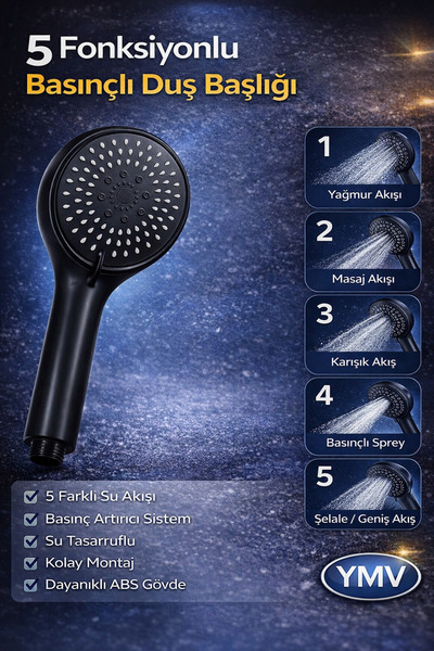 YMV 5 Fonksiyonlu Duş Başlığı Yüksek Basınçlı Banyo Duş Başlığı Evrensel Duş ...