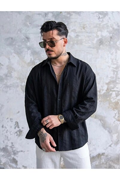 OUTFİT MAN Μαύρο πουκάμισο με ριγέ σχέδιο