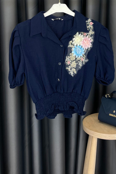 TOPSHOW Floral Embroidered Balloon Sleeve Shirt - Navy Blue Navy Blue