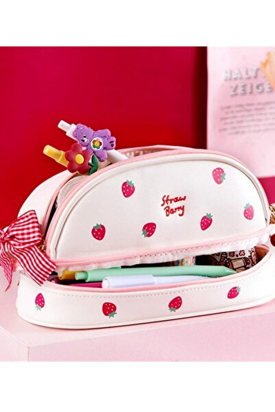 ÖZ OFİS Kawaii Strawberry Suni Deri Kalem Kutusu - Çok Fonksiyonlu - Çift Kat...