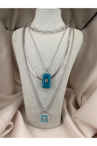 ZS Aksesuar Turquoise Stone Detailed Four-Piece Necklace Set
