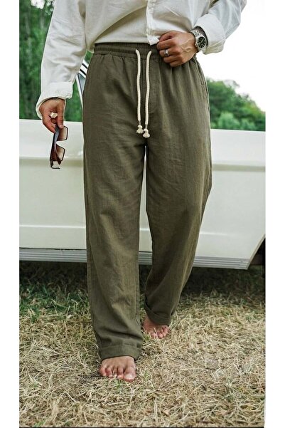 OUTFİT MAN Λινό φαρδύ παντελόνι με κορδόνια πράσινο