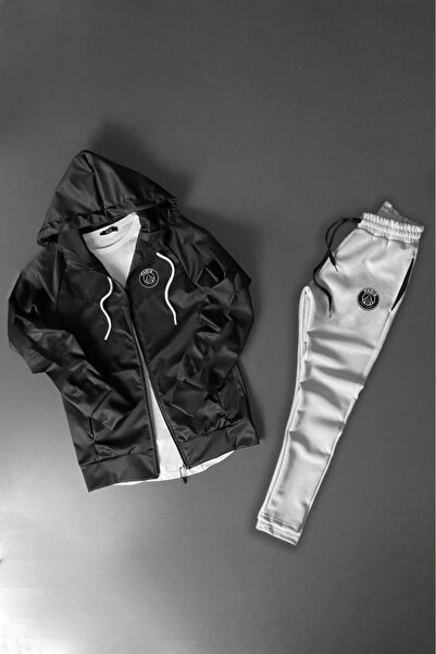 NOFLEN Hooded Paris Printed Zippered Printed Bottom Black Tracksuit Set