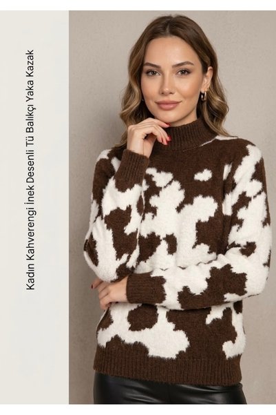 Bessia Butik Cow Desenli Yumoş Triko Kazak