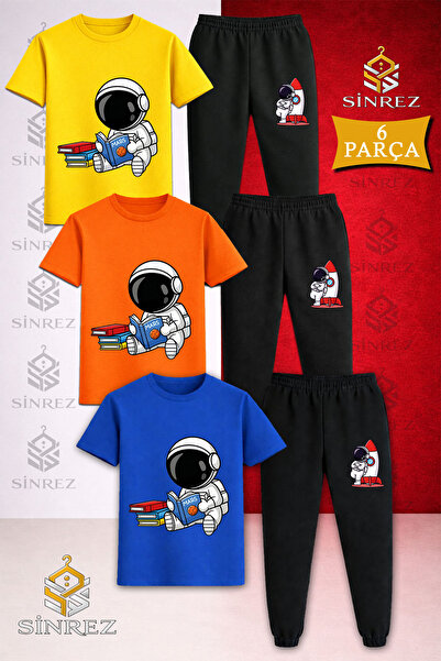 SİNREZ Çocuk ASTRONOT KITAP OKUYAN Baskılı 3Lü Tişort Eşofman Takımı