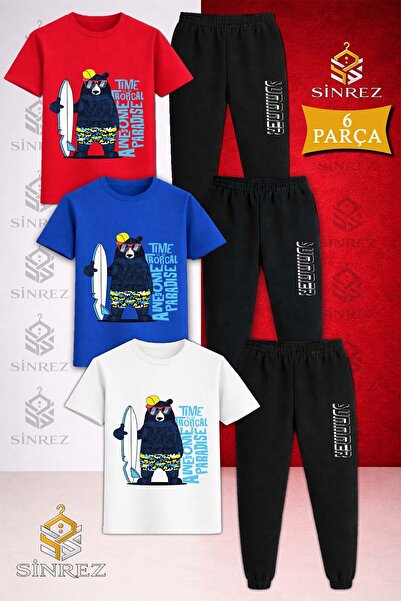 SİNREZ Children's Bear Black Surf Hat Printed 3-Piece T-Shirt Tracksuit Set