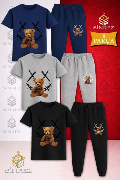 SİNREZ Set de trening pentru copii AYICIK YARNED CARPI BLACK, imprimat, 3 piese