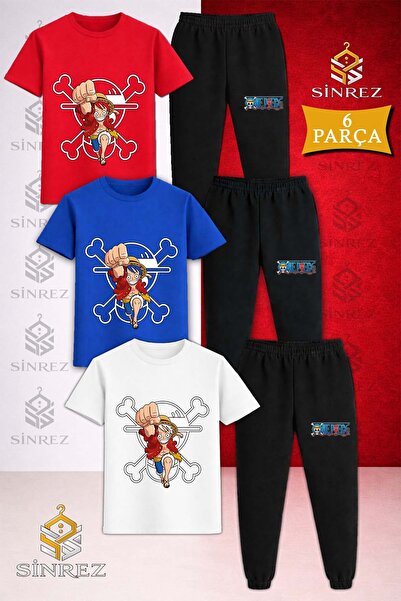 SİNREZ Children's Anime One Piece Carpi Printed 3LÜ T-Shirt Tracksuit Set