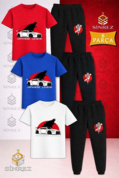 SİNREZ Children's Car Tokyo Byz Japenes Yazi Printed 3-Piece T-Shirt and Trac...
