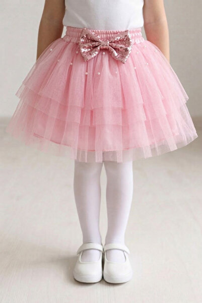 nacar çarşı Girl's Pink Waistband Tutu Skirt with Beaded Pearls and Ribbon De...