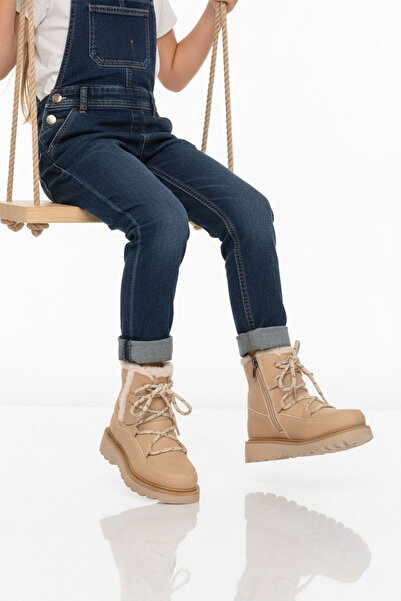 Cool Beige Fleece-Lined Zippered Girl's Flat Boots